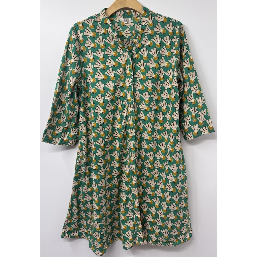 Zuri Kenya Women's Size LG Cotton Kitenge Shirt Dress Green Fan Print Button Up